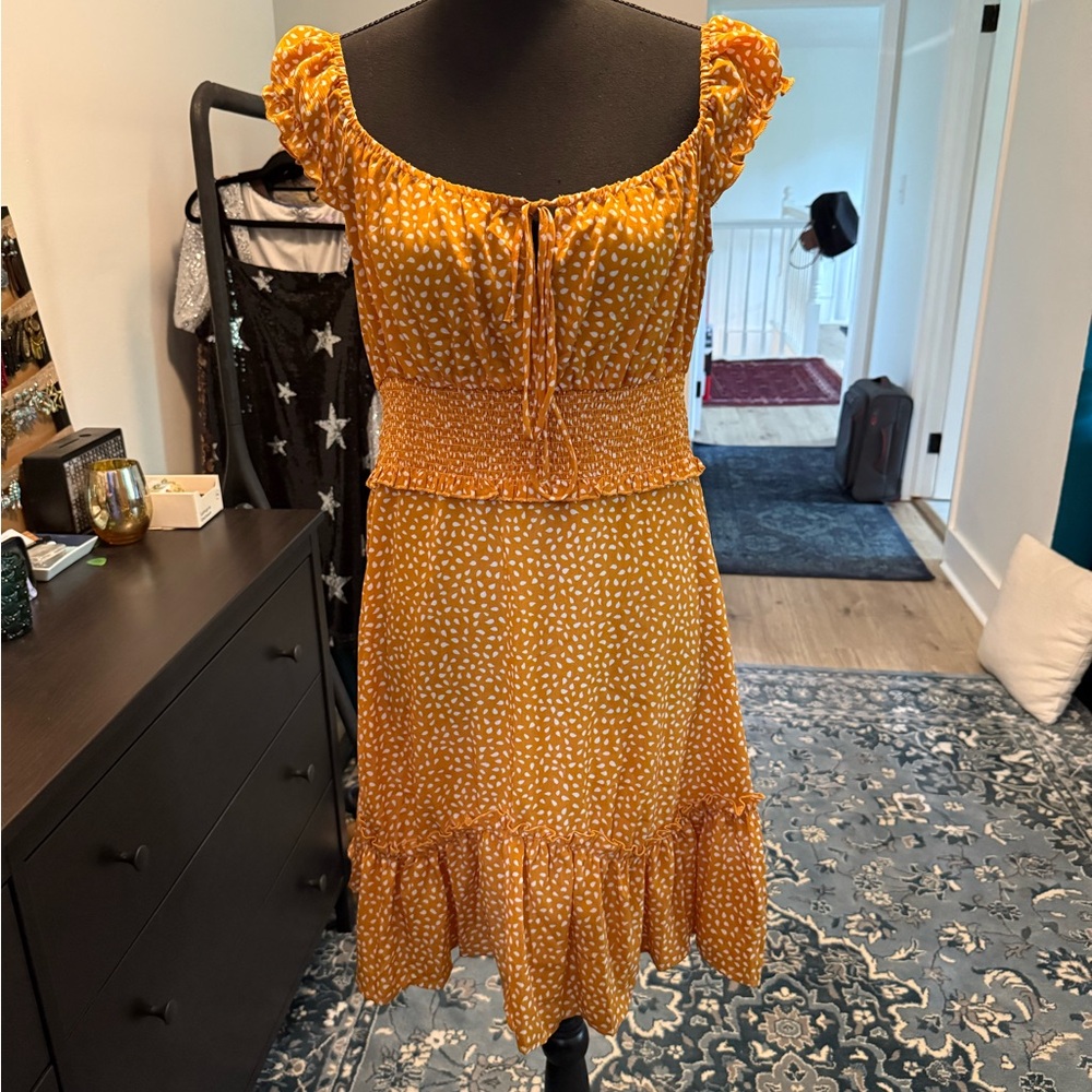 Amazon Mustard Polka Dot Smocked Mini Dress